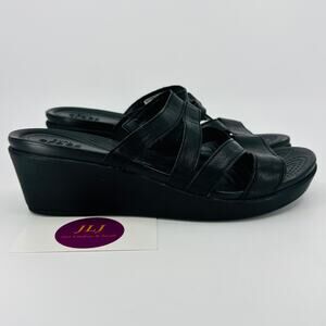 Crocs Women's Leigh Ann Black Leather Strap Wedge Comfort Sandals 204730 Size 6